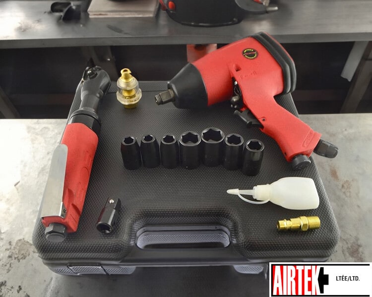 Red Airtek air tools and accessories set organized in durable black tool case for professional industrial applications - Airtek pneumatic tools distributor