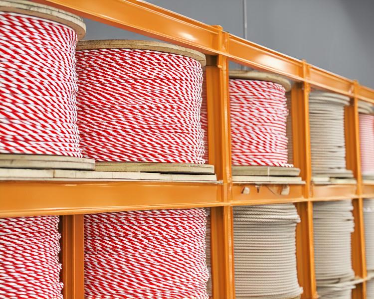 Red and white ropes stacked on warehouse shelves, ideal for various industrial and construction tasks.