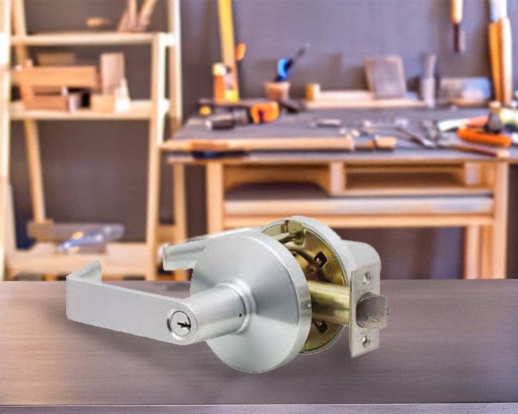 Hand holding smartphone with Seccan smart lock app, controlling a Seccan lock mounted on a door, with lock/unlock options visible.