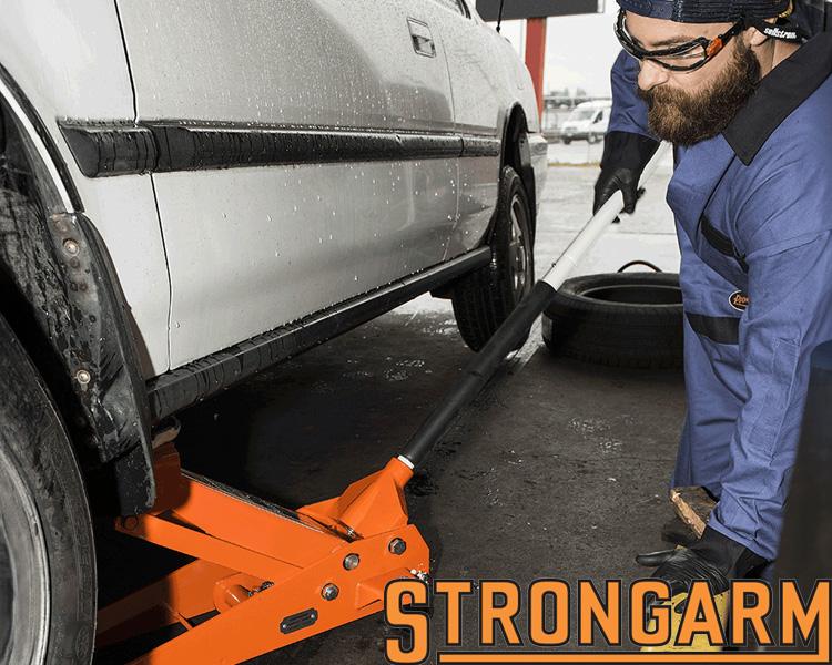 Strongarm mechanical vehicle jack for lifting cars and trucks in automotive and industrial settings.